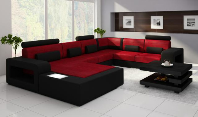 Wohnlandschaft Sofa mit USB Sofagarnitur Stoff Textil Leder Sofa mit Beleuchtung
