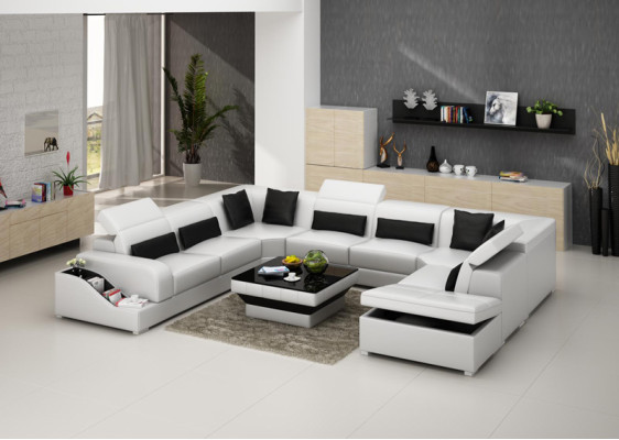 Leder Eck Sofa Wohnlandschaft Garnitur Design Modern Couch Sofas USB LED Hocker