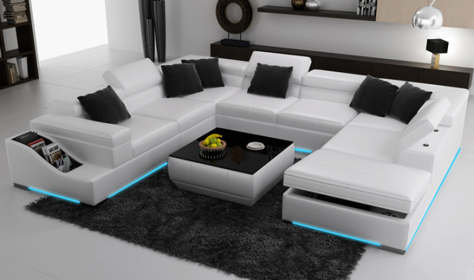 Eckgarnitur Leder Sofa Wohnzimmer Wohnlandschaft Polsterecke Sitzgarnituren +USB