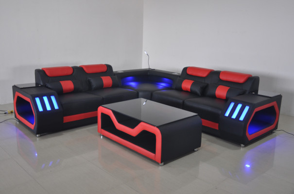 Wohnzimmer Ecksofa L-Form Leder Holz Modernes Design Polsterung Couch Neu