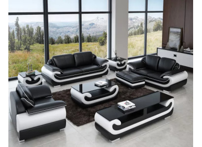 Klassische Ledersofa Garnitur Komplett Set 8 tlg. Wohnzimmer Set Tisch Hocker
