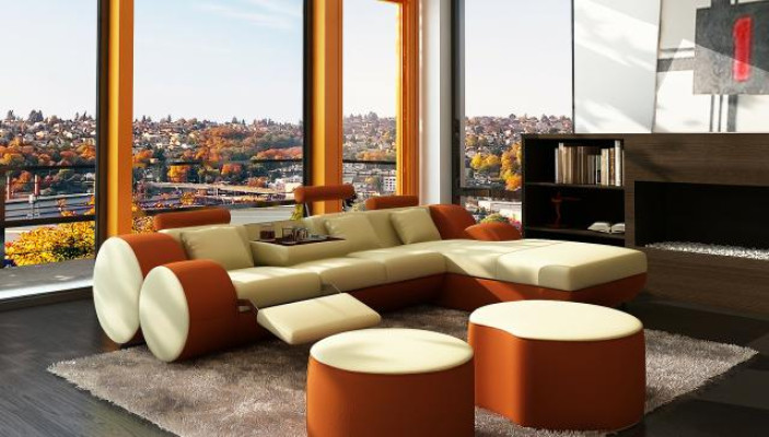 Designer Leder Ecksofa Wohnlandschaft Ledercouch+ USB Garnitur Eckcouch Madrid