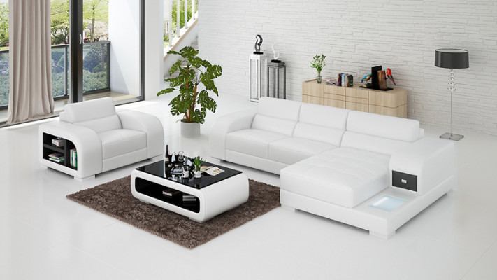 Ledersofa mit USB Couch Wohnlandschaft Ecksofa + Sessel Garnitur Design Sofa Neu