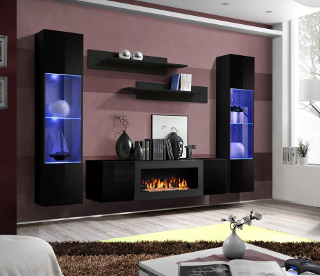 Designer Schwarz Wohnwand Holzmöbel Hänge Vitrine Luxus Sideboard Wand Regale