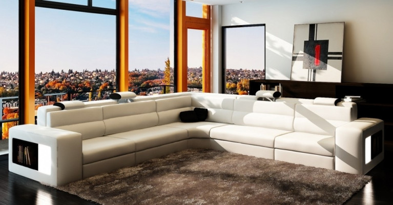 Ledersofa Sofa mit USB,Ecksofa Sitz Polster Wohnlandschaft XXL Big Weiden Weiß