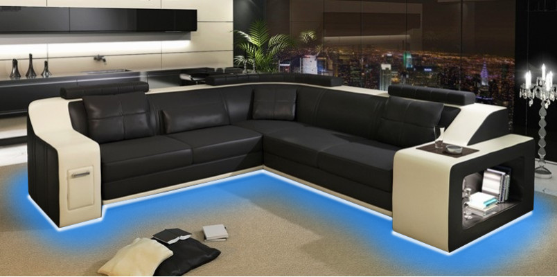 Ecksofa mit USB Leder Textil Sofa Couch Polster Wohnlandschaft L Garnitur Sitz