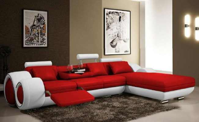 Ecksofa Wohnlandschaft Couch Ledersofa Sofa Polster Garnitur Ecke - Grau-Weiß