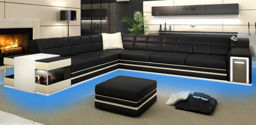 Designersofa Ecksofa Couch Ledersofa Polster Sitz Eck Garnitur +Licht Neu PH3026