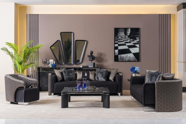 Sofagarnitur 3+3+1 Sitzer Wohnzimmer Set Komplett Textil Sofa Sessel Holz Neu
