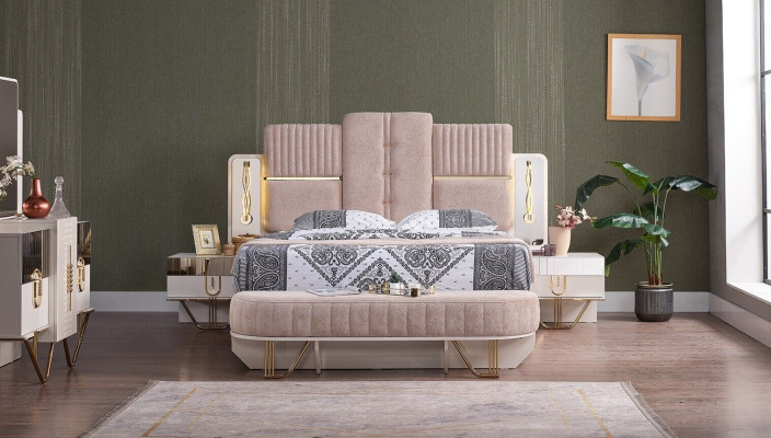 Luxus Schlafzimmer Set 5 tlg. Bett 2x Nachttische Kleiderschrank Bank Moderne