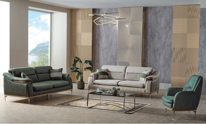 Sofagarnitur 3+3+1 Sitzer Wohnzimmer Set Komplett Textil Sofa Sessel Holz Eu