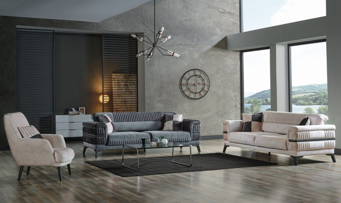 Sofagarnitur 3+3+1 Holz Wohnzimmer Luxus Sofa Modern Stoff Neu Komplett