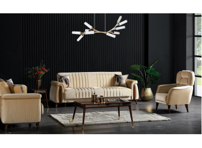 Sofagarnitur 3+3+1 Sitzer Wohnzimmer Set Komplett Textil Sofa Sessel Holz Beige