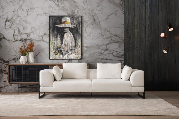 Dreisitzer Sofa 3 Sitzer Polstersofa Weiß Stoff Stoffsofa Holz Sofas