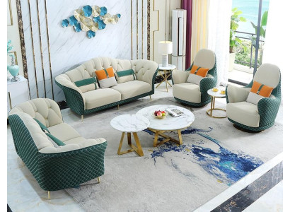 Sofagarnitur 3+2+1 Sitzer Leder Sofa Couch Garnitur Design Beige Grün