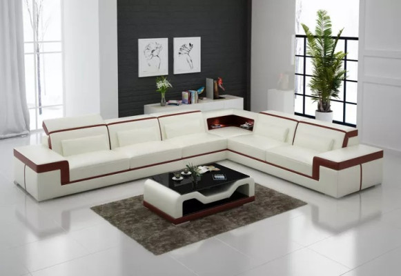 Design Wohnzimmer Ecksofa Möbel Eckcouch Lederpolster Couch Sofa L Form + Tisch