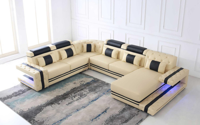 Leder Polster Sitz Design Modern Eck Garnitur Sofa Wohnlandschaft U Form USB LED