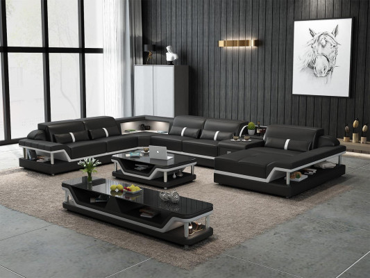 Ecksofa Beige mit Couchtisch 2tlg. Wohnzimmer Ledersofa Set Eckgarnitur Tisch