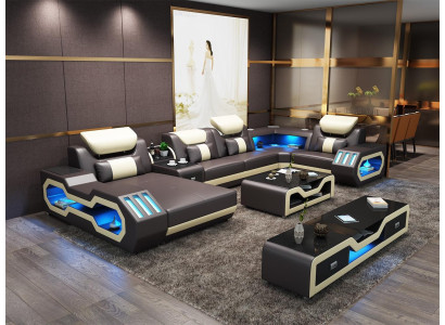 Ecksofa UForm Couchtisch Ledersofa Wohnlandschaft Designer Sofa 2tlg.Set led usb
