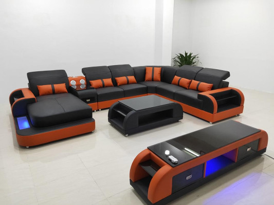 Wohnlandschaft Couch Polster Sofa Garnitur 3tlg. Set Couchtisch Sideboard Leder