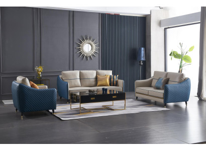 Blau-Beige Sofagarnitur 3+2 Ledersitzer Set Design Polstercouchen Deko Möbel