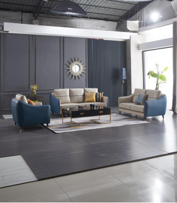 Blau-Beige Sofagarnitur 3+2 Ledersitzer Set Design Polstercouchen Deko Möbel