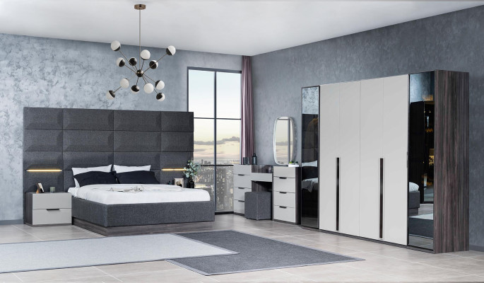 Schlafzimmer Bett Nachttisch Kleiderschrank Kommode mit Spiegel Möbel Holz Luxus