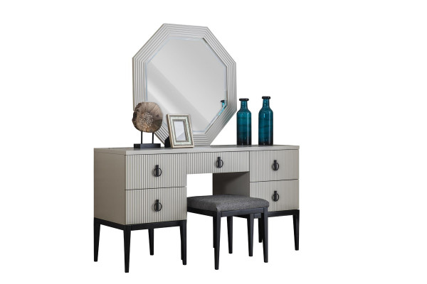 Schminktisch mit Spiegel Grauer Schlafzimmer Design Konsol Hocker Neu