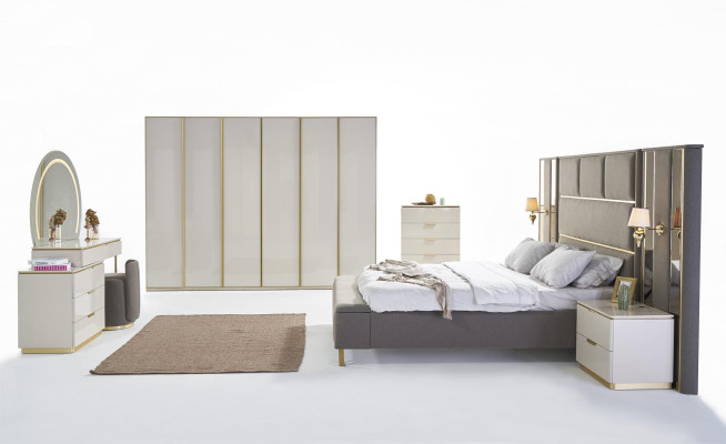Bett Doppelbett 2x Nachttische Holz Design Betten Schlafzimmer Polster 3 tlg Set