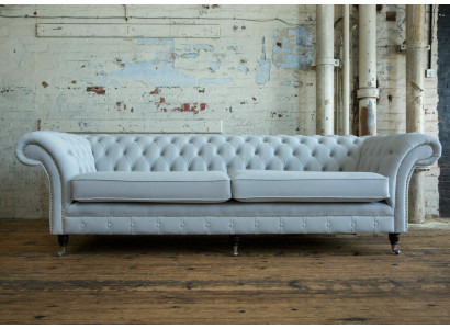 Grauer Chesterfield 4 Sitzer Polster Couch Modern Stil Samt Textil Stoff Sofa 