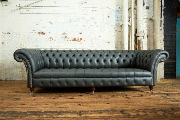 Grauer Chesterfield 4 Sitzer Big Sofa Couch Textil Leder Polster Sofas