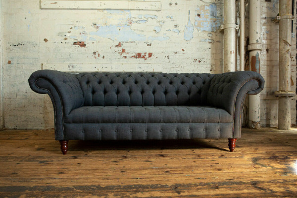 Graues Textil Sofa Grauer Chesterfield Dreisitzer Luxus Wohnzimmer Couch
