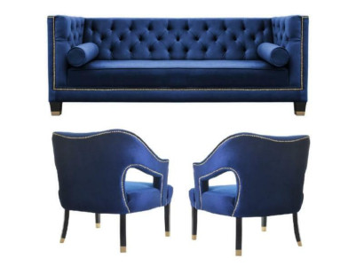 Luxus blaue Chesterfield Couchgarnitur  Sessel + Dreisitzer 3+1+1 Set