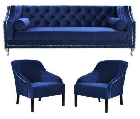 Blaue Chesterfield Sessel Blau xxl Textil Stoff Couchen Gruppe Möbel Garnitur