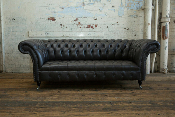 Schwarzer Moderner Chesterfield Dreisitzer Luxus 3-er Couch
