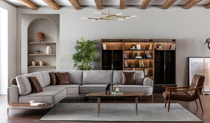 Ecksofa Stoffsofa L-Form Sofa Stoff Sofas Grau Modern Tisch Wohnlandschaft