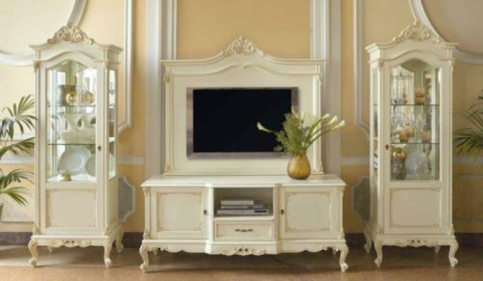 Klassische Wohn Wand Wohnzimmer Vitrine Sideboard RTV Regal Wände Schrank 3tlg. Massivholz