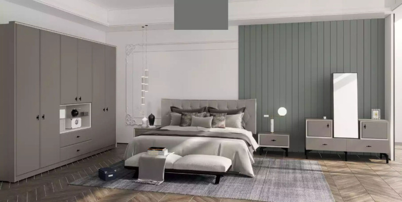 Graue Schlazimmer Garnitur Designer Bett Kommode Kleiderschrank Luxus 5tlg
