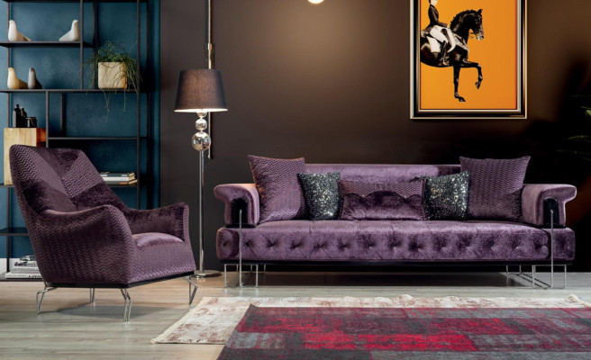 Lila Couch Sofa Garnitur 3+1 Sitz Chesterfield Wohnzimmer Polster