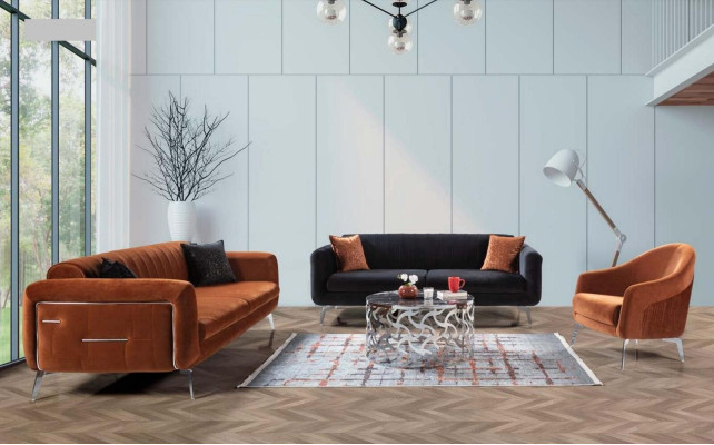 Orange Design Couch Sofa Samt Dreisitzer Luxus Möble Stoff Textil