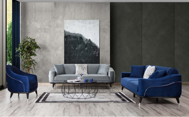 Blaue Design Couch Dreisitzer Luxus Sofa Samt Möble Stoff Textil