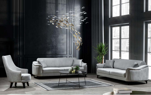 Graue Couch Wohnzimmer Dreisitzer Sitzpolster Sofa Möbel Samt Holz