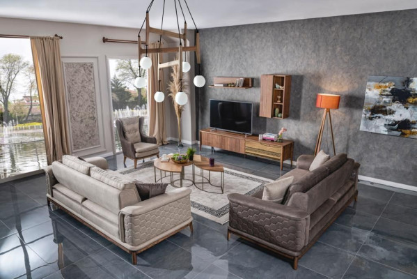 Garnitur Sofagarnitur Luxus 3+3+1 Sitzer Sofa Stoff Sessel Sofas Modern Braune