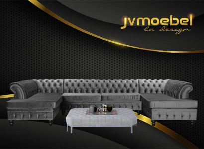 Set Luxury Modern Ecksofa U-Form Chesterfield und Couchtisch Wohnzimmer Textil