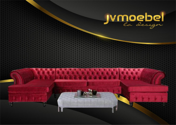 Set Luxury Modern Ecksofa U-Form Chesterfield und Couchtisch Wohnzimmer Textil