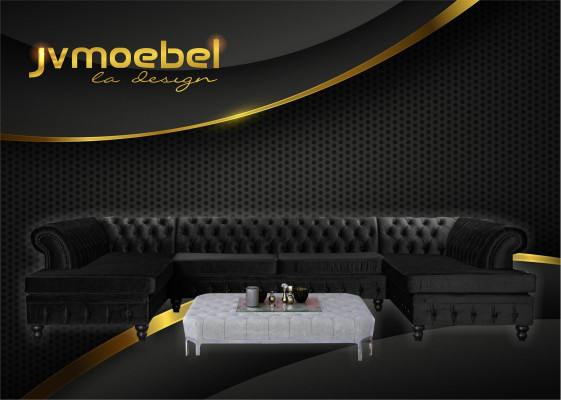 Set Luxury Modern Ecksofa U-Form Chesterfield und Couchtisch Wohnzimmer Textil