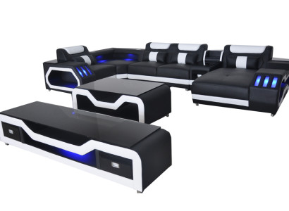 Leder Sofas Eck Garnitur Design Sofa Wohnlandschaft + Couch Tisch + RTV USB Neu