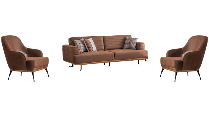 Modern Dreisitzer Sofa und Sessel Braun Polstermöbel Set  für Wohnzimmer