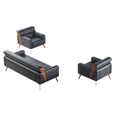 Arbeitszimmer Set 3tlg 3-Sitzer 2x Sessel Schwarz Einfarbig Modern Stil