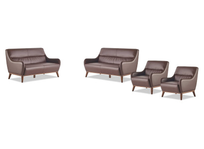 Sitzmöbel Komplett-Set 2-Sitzer Sessel Braun Leder Klassisch Leder Holz